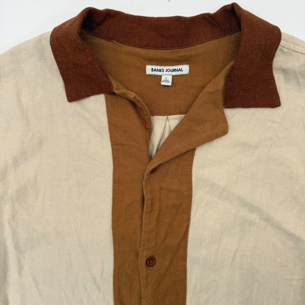 Banks Journal Shirt Men L Beige Brown Colorblock Cotton Linen Short Sleeve